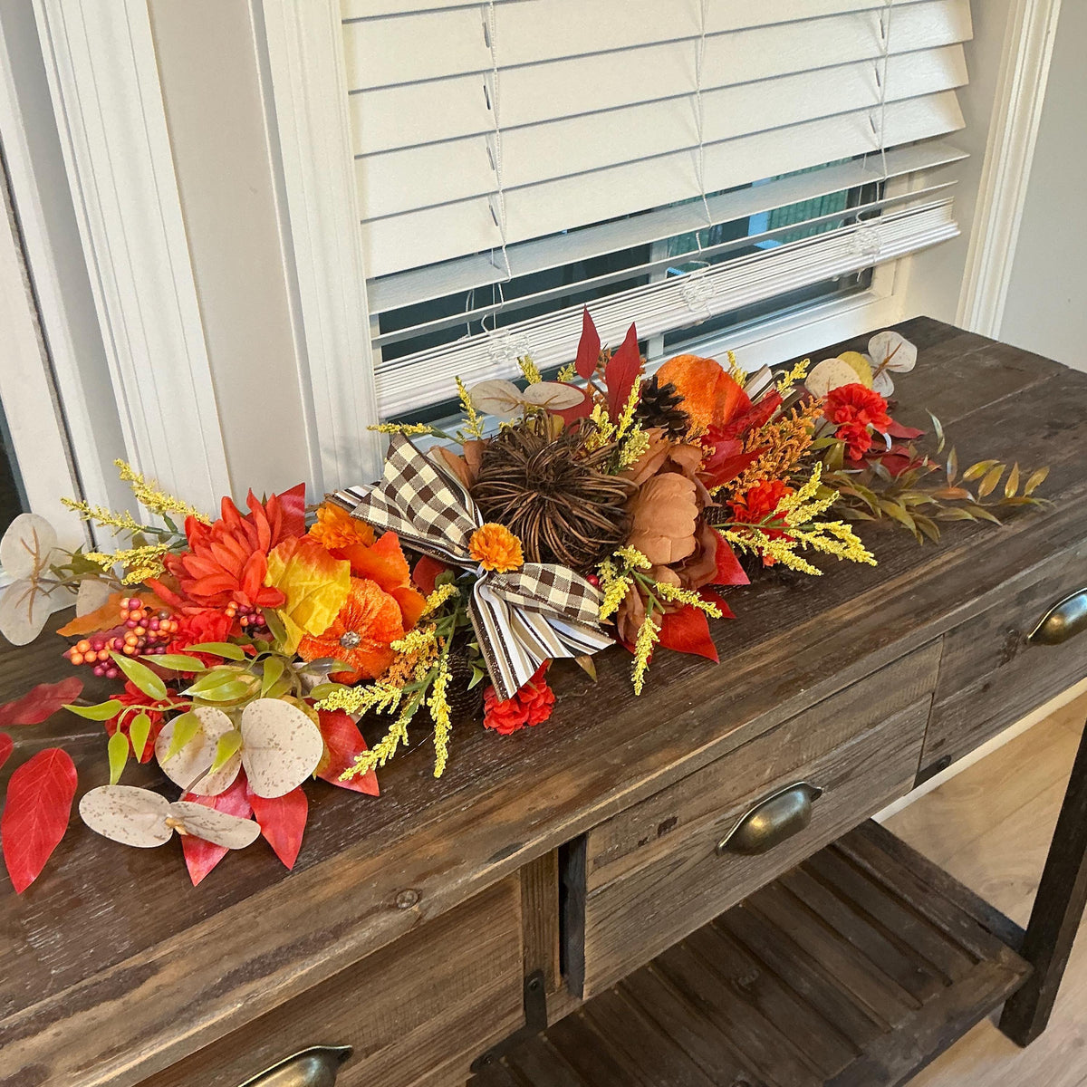 Pumpkin Fall Floral Swag, 28 Inch Buffalo Check Bow Door or Mantel Decor