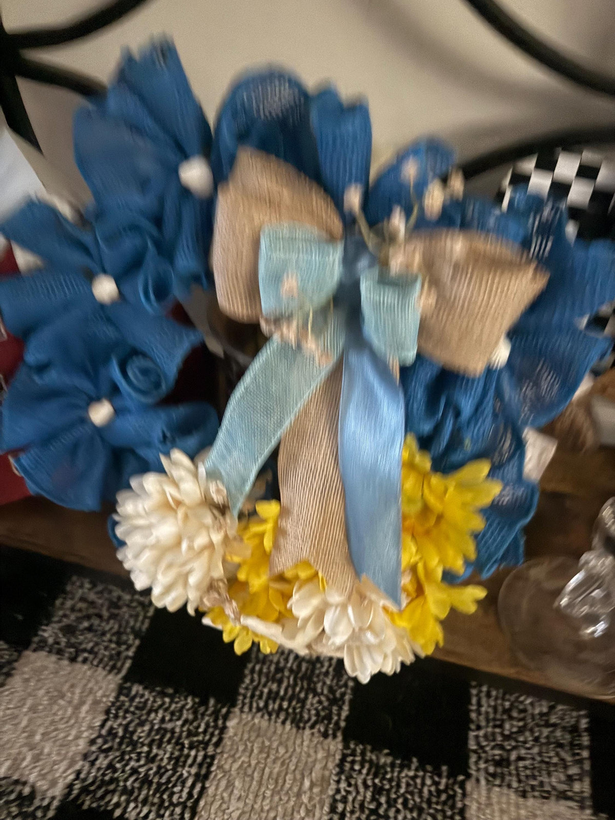 Blue Burlap Coastal Wreath, Starfish Shell Door Hanger, Nautical Beach Home Decor, Handmade  Wreath