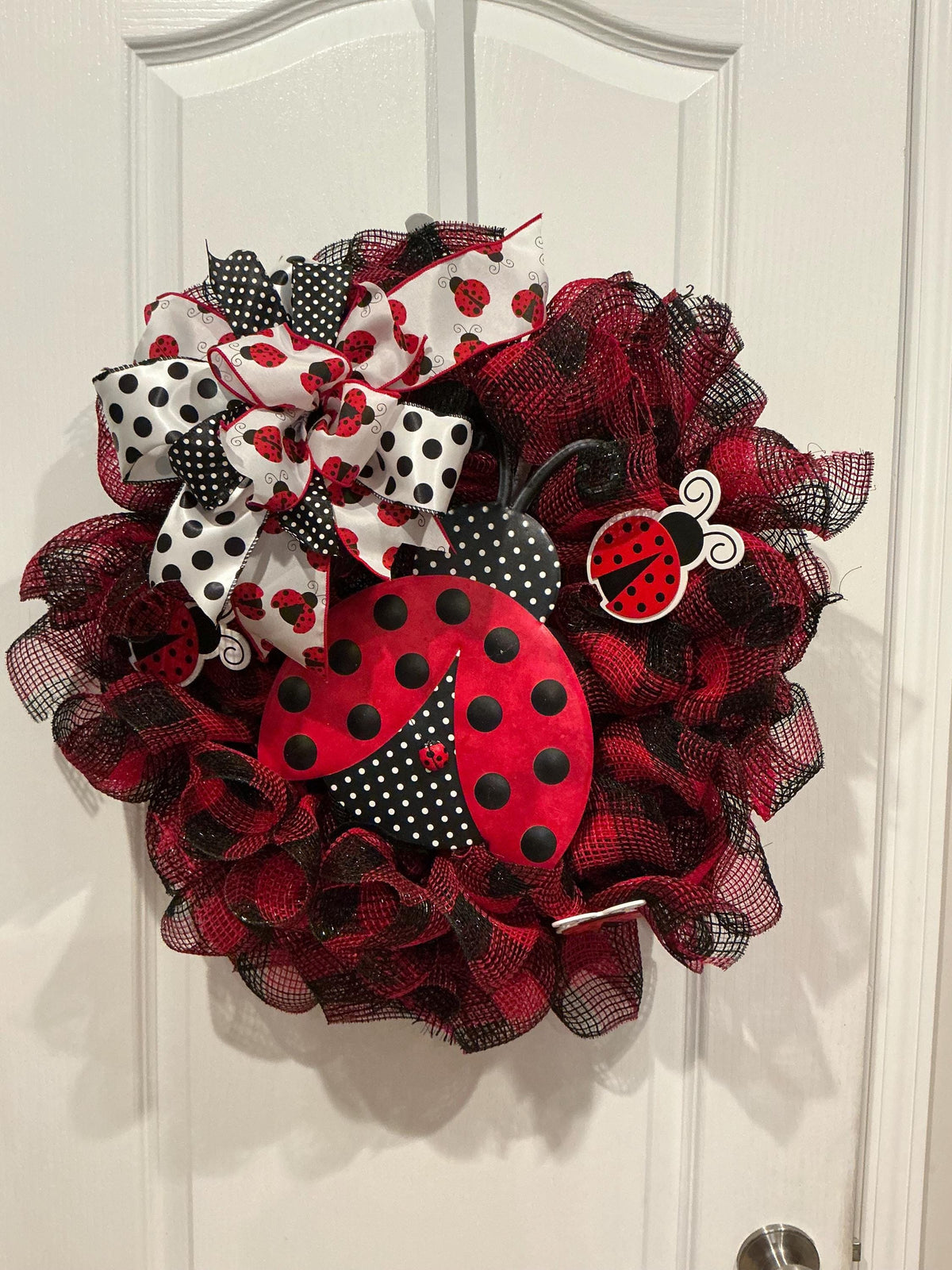 Ladybug Wreath, Red Black Buffalo Plaid, Front Door Whimsical Decor, Handmade Spring Wreath