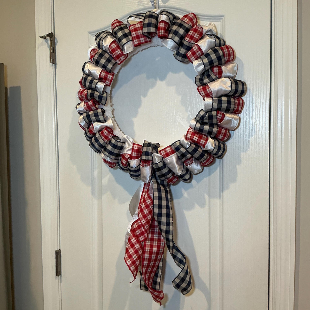Buffalo Check Wreath, Red White Navy Ribbon Front Door Decor, Fourth of July Americana