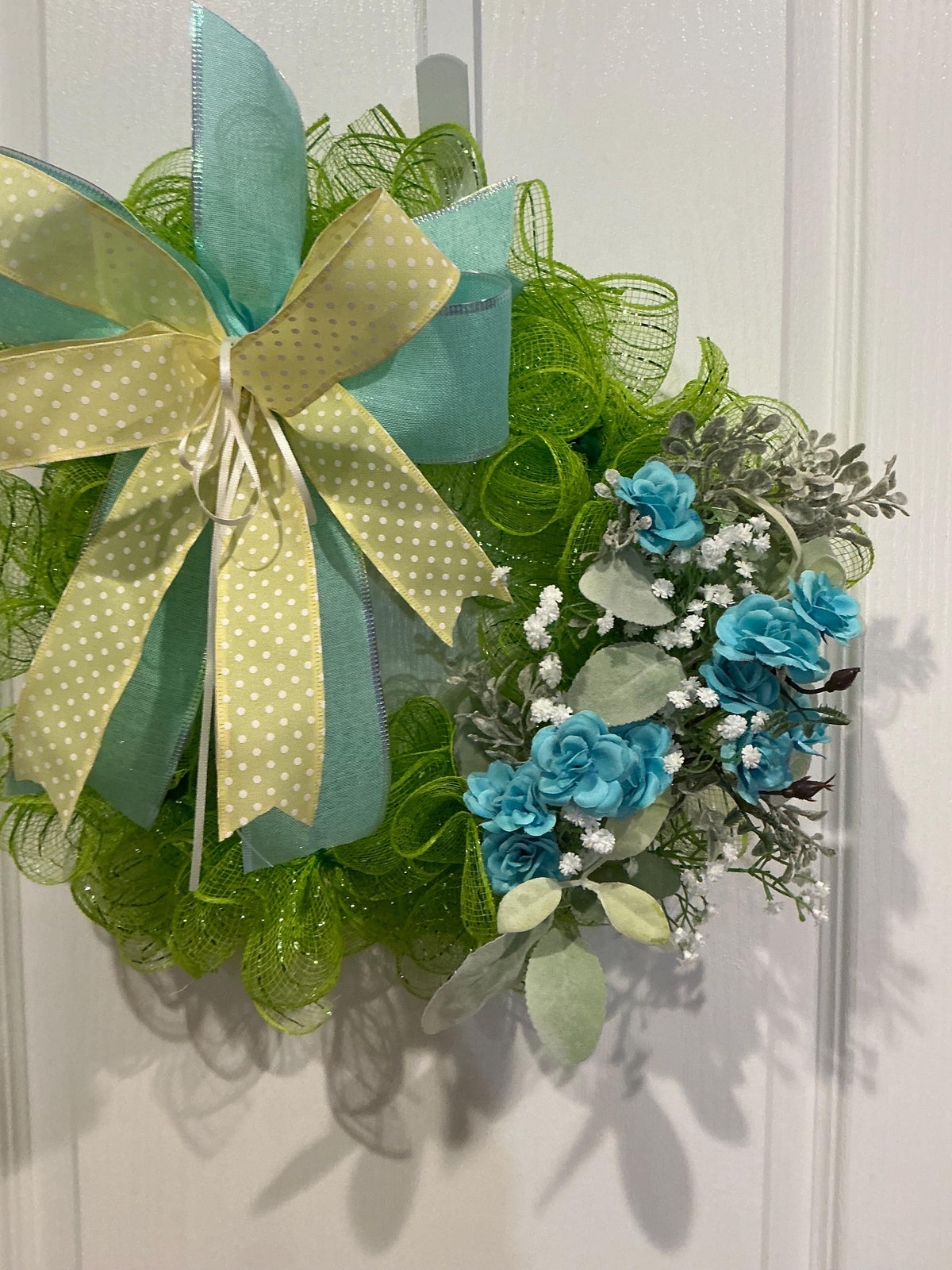 Blue Rose Front Door Wreath, Lime Green Farmhouse Decor, Floral Wreath, Handmade 12 Inch