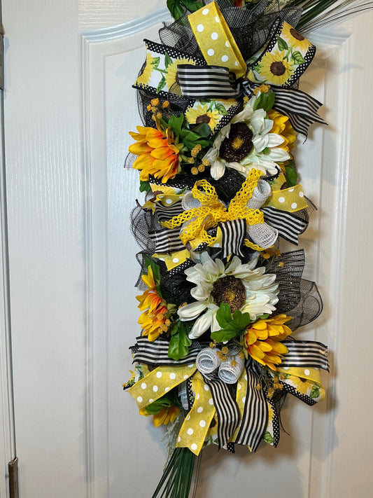 Handmade Sunflower Daisy Door Swag, Black White Stripe Polka Dot Ribbon, Summer Porch Decor