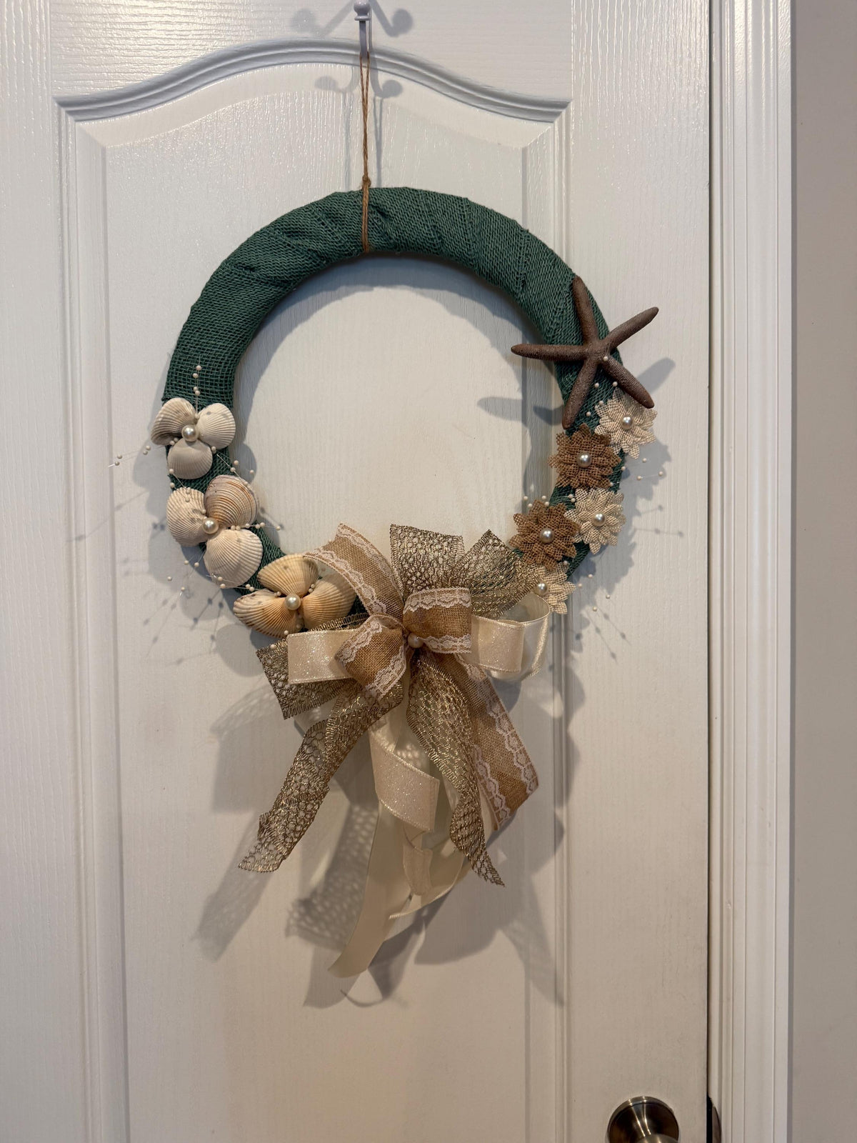 Coastal Wedding Wreath with Seashells, Starfish and Pearl Bow, Beach Bridal Decor