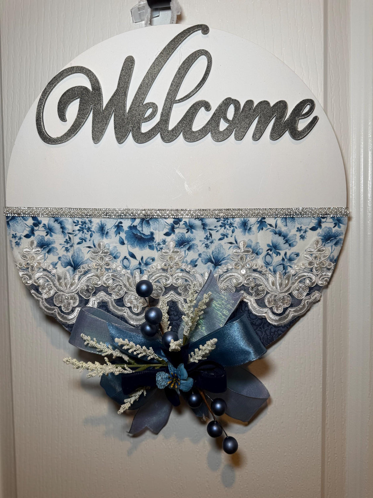 French Country Door Hanger with Blue Welcome Sign and Chinoiserie Florals