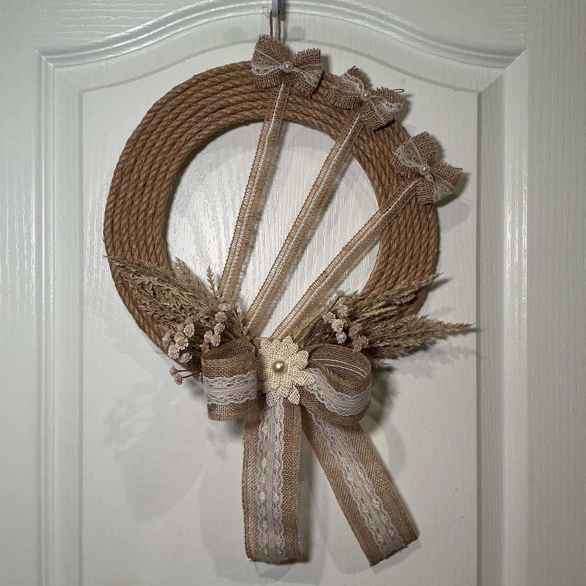 Farmhouse Rope Wreath with Burlap Lace Bow, Dried Wheat and Pearl Accent