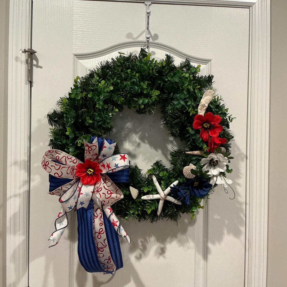 Coastal Americana Wreath, Starfish Boxwood Patriotic Door Decor, Fourth of July Beach Accent