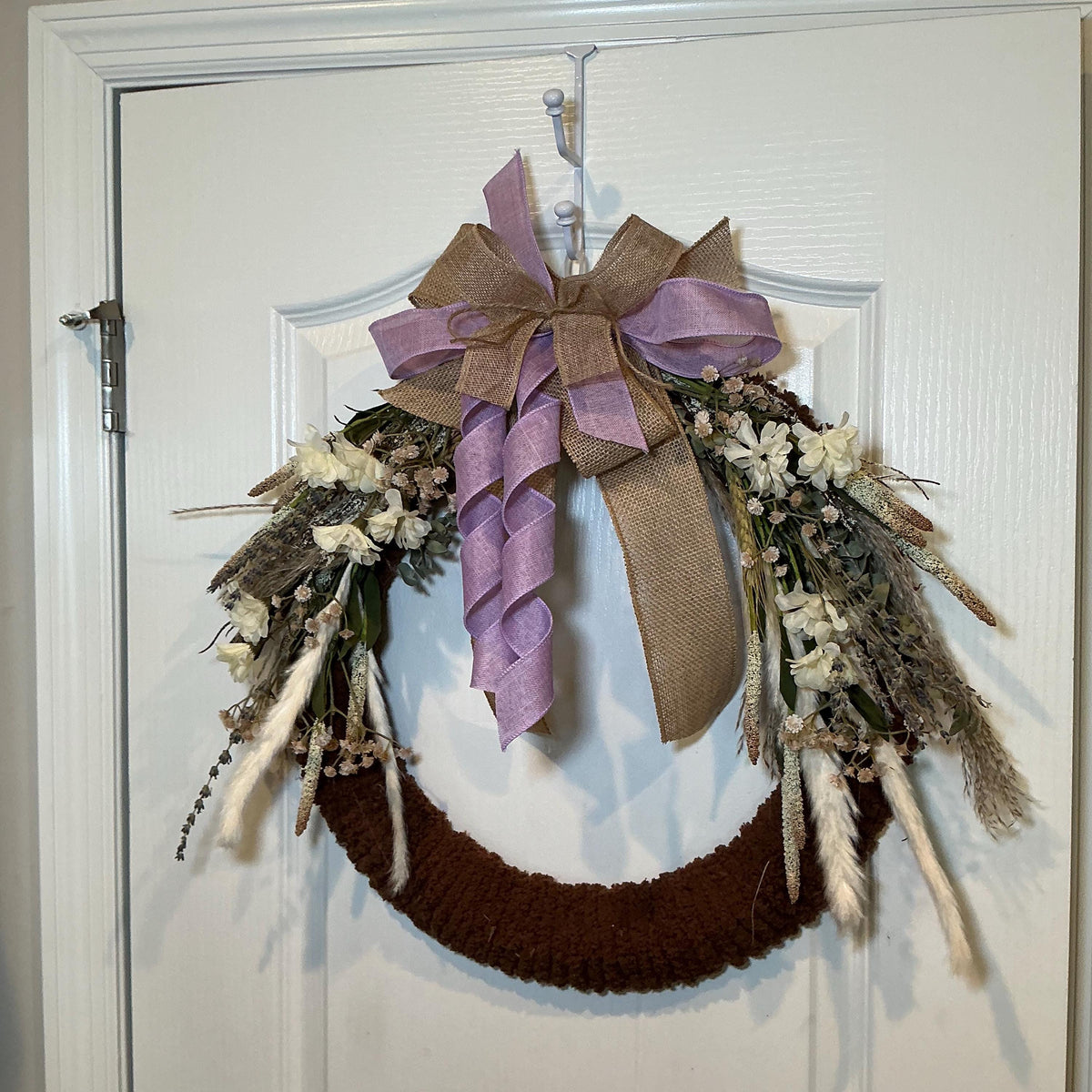 Dried Lavender Farmhouse Wreath with Brown Chenille Base and Burlap Bow, Year Round Door Decor
