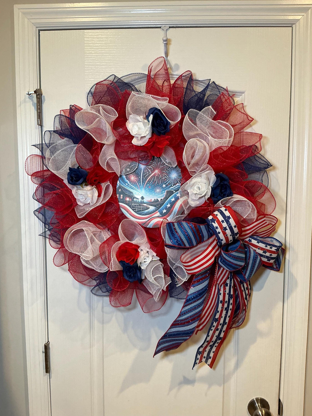 Fireworks Night Sky Sign Wreath, Americana Red White Blue Stars Stripes, 18 Inch Independence Day
