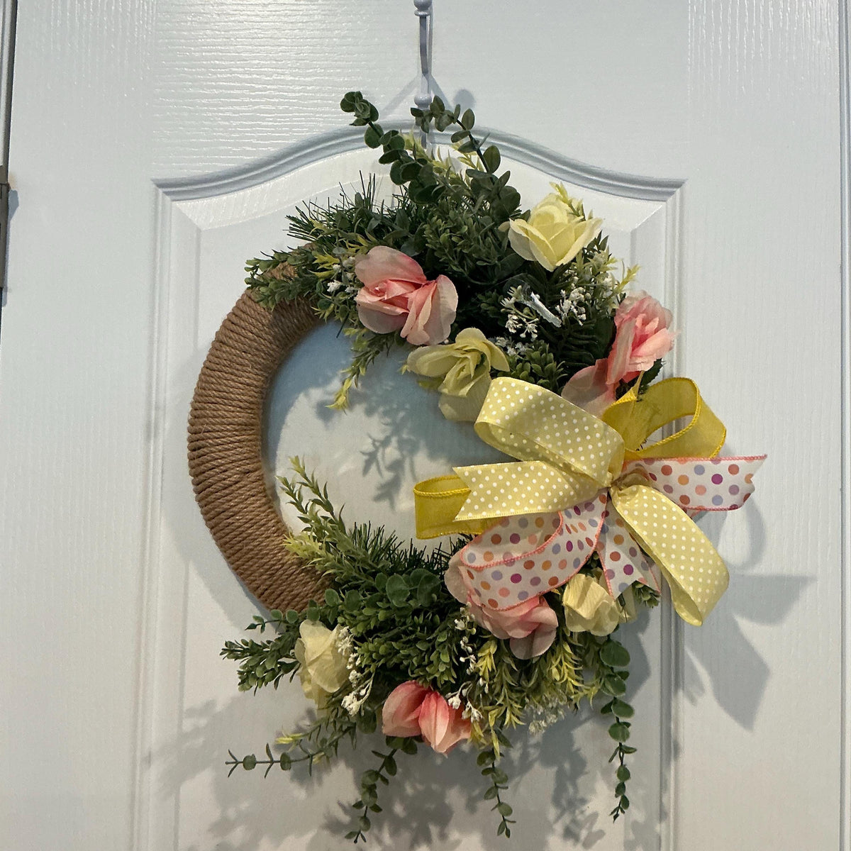 Handcrafted Jute Rope Wreath, Spring Peach Roses, Eucalyptus Greenery, Polka Dot Bow