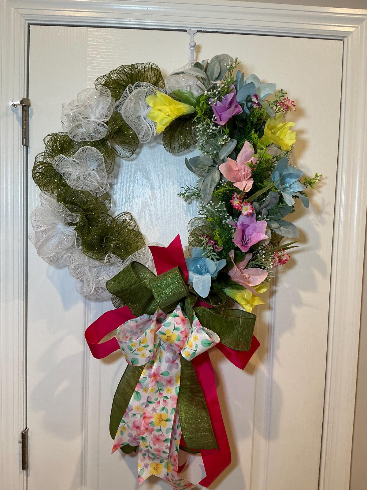 Spring Deco Mesh Wreath, Pastel Floral, Green and White Pancake Frame, 18 Inch Farmhouse Front Door Decor