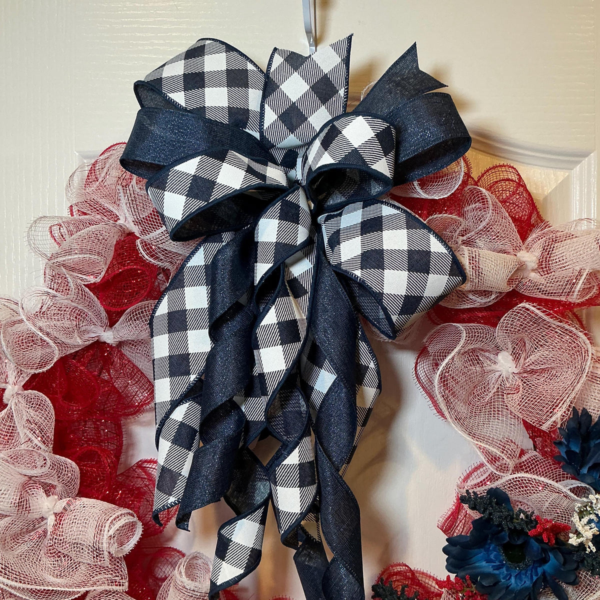 Buffalo Check Bow Wreath, Navy Daisy Red White Blue Deco Mesh, Fourth of July Americana Decor