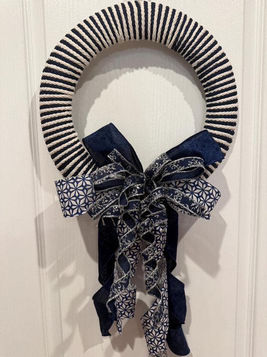 Navy White Striped Rope Wreath, Farmhouse Front Door Wreath, Nautical Star Ribbon Bow, Blue Silver Everyday Wreath