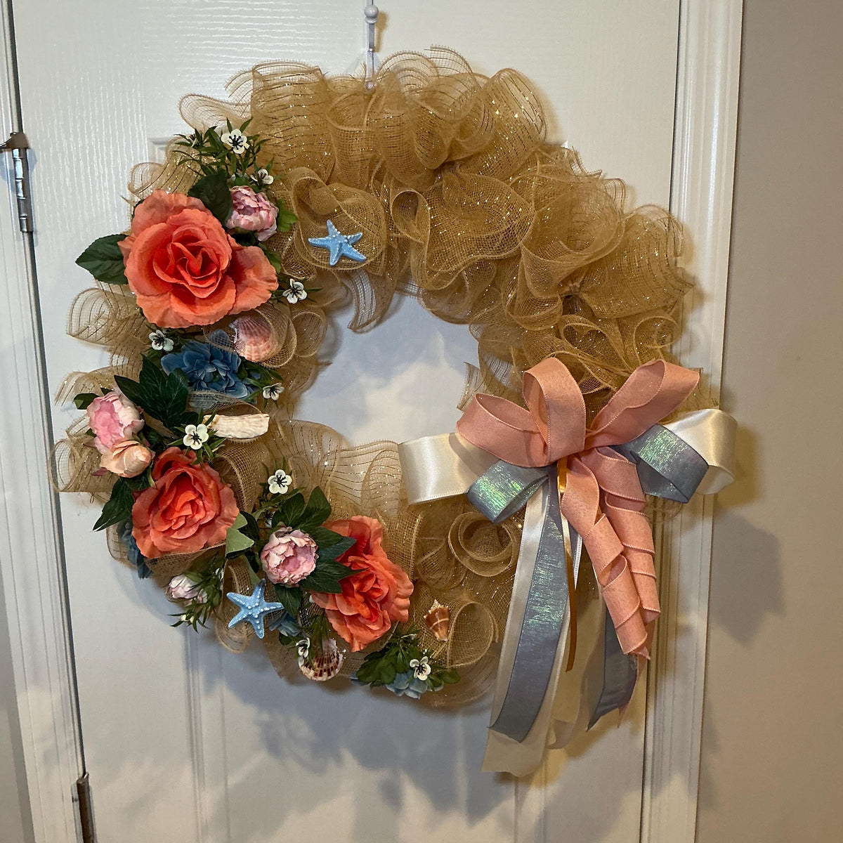 Gold Glitter Coastal Wreath, 18 Inch Dusty Blue Peach Florals with Seashells
