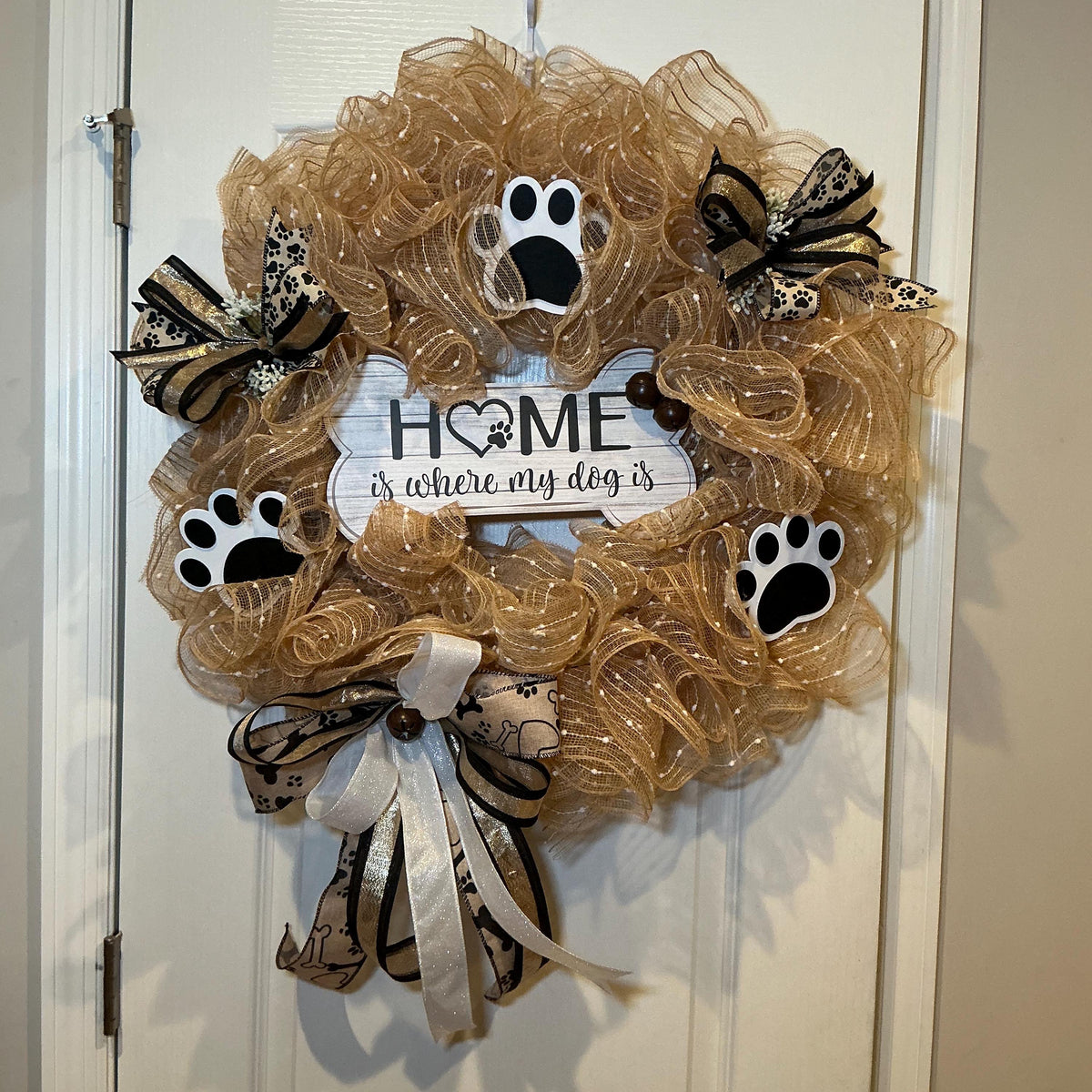 Home Is Where My Dog Is Wreath with Paw Prints, Farmhouse Dog Mom Door Decor