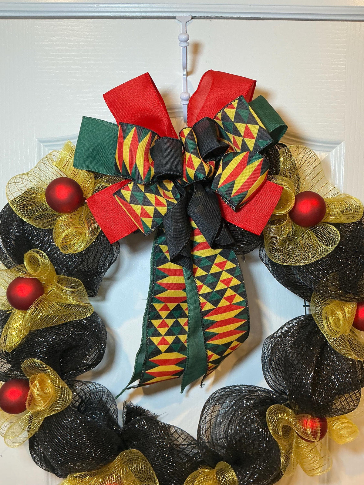 Juneteenth Wreath Black Gold Deco Mesh, Kente Print Bow Wreath, African American Door Wreath, Juneteenth Decor, Handmade Freedom Day Wreath
