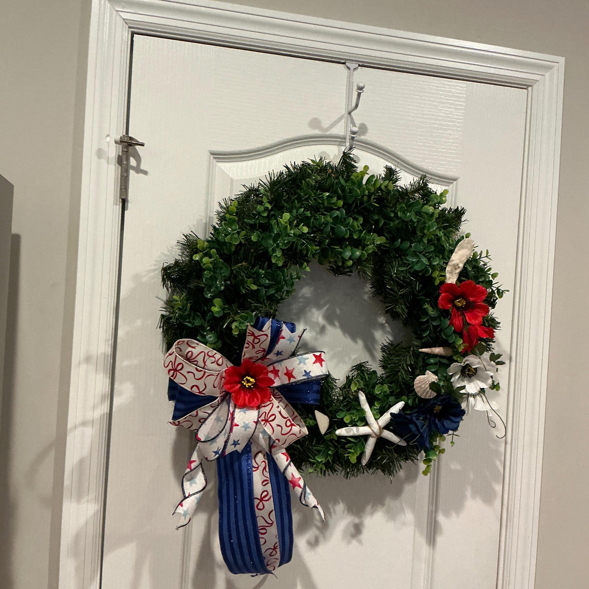 Coastal Americana Wreath, Starfish Boxwood Patriotic Door Decor, Fourth of July Beach Accent