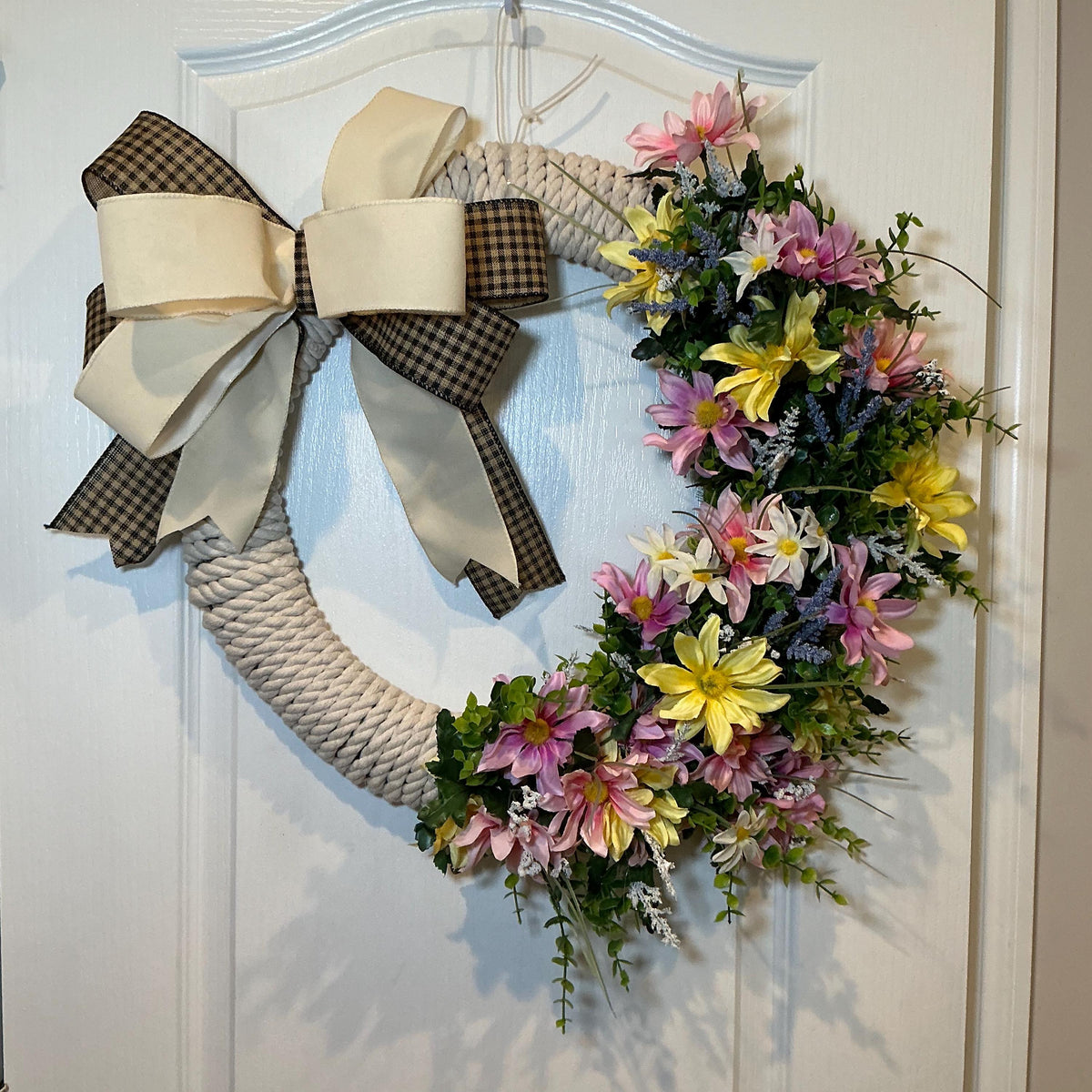 Wildflower Rope Wreath, 18 Inch Daisies Pink Lilies and Buffalo Check Bow