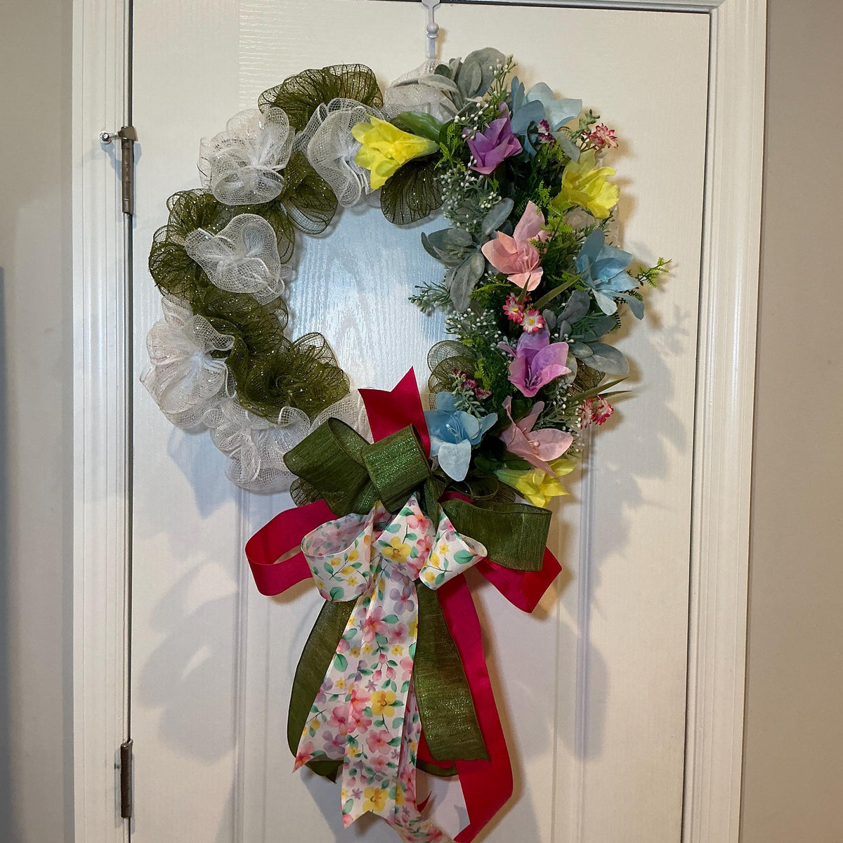 Spring Deco Mesh Wreath, Pastel Floral, Green and White Pancake Frame, 18 Inch Farmhouse Front Door Decor