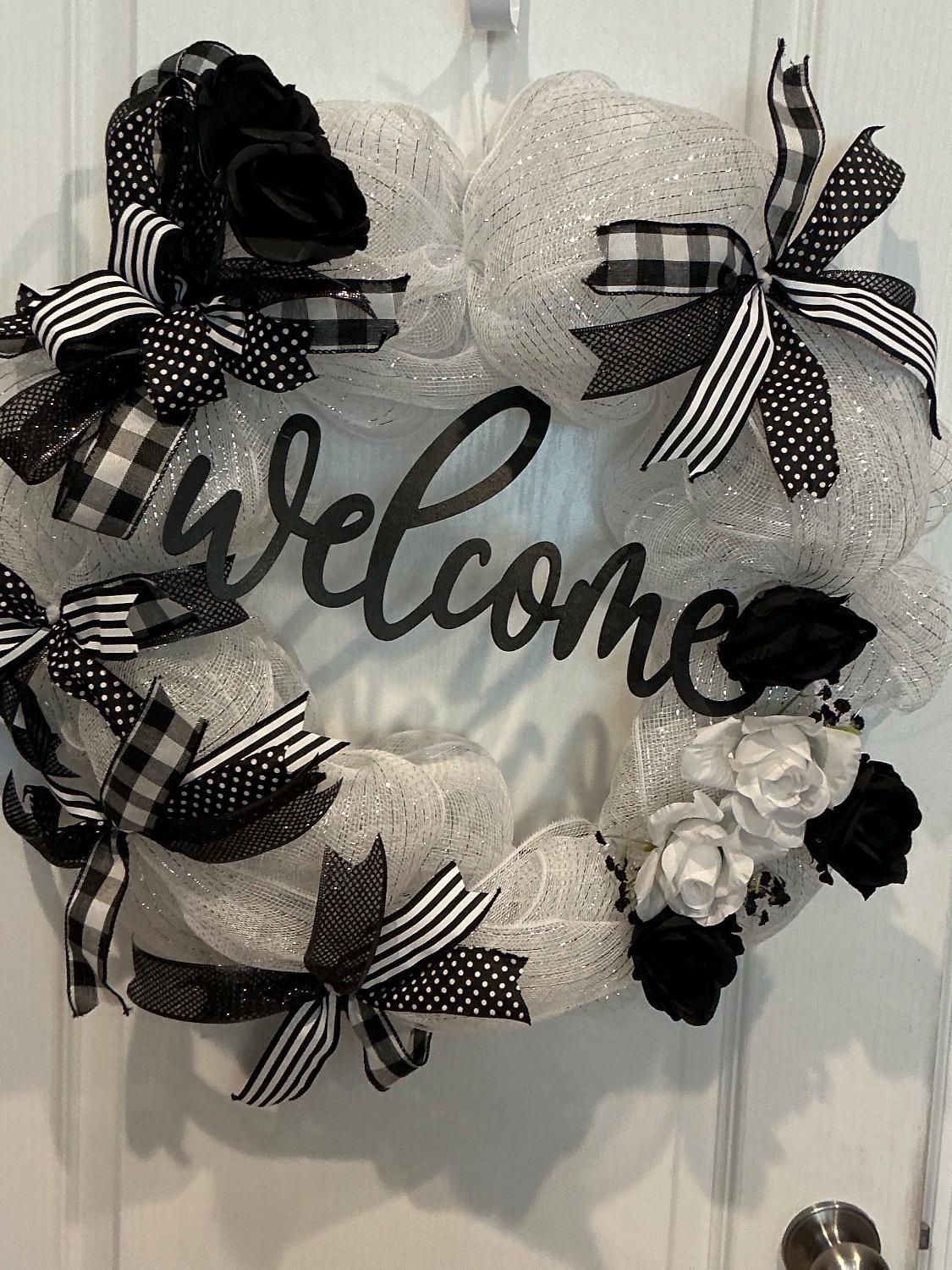 Welcome Black White Wreath, Buffalo Plaid Roses, Farmhouse Door Decor