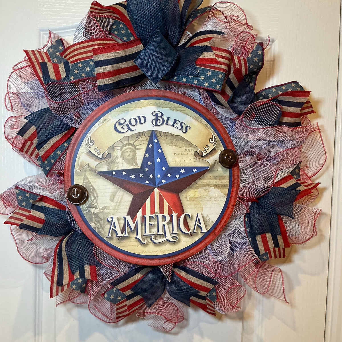 Star Sign deco mesh Wreath, God Bless America Fourth of July Red White Blue, 14 Inch Independence Day Handmade NC
