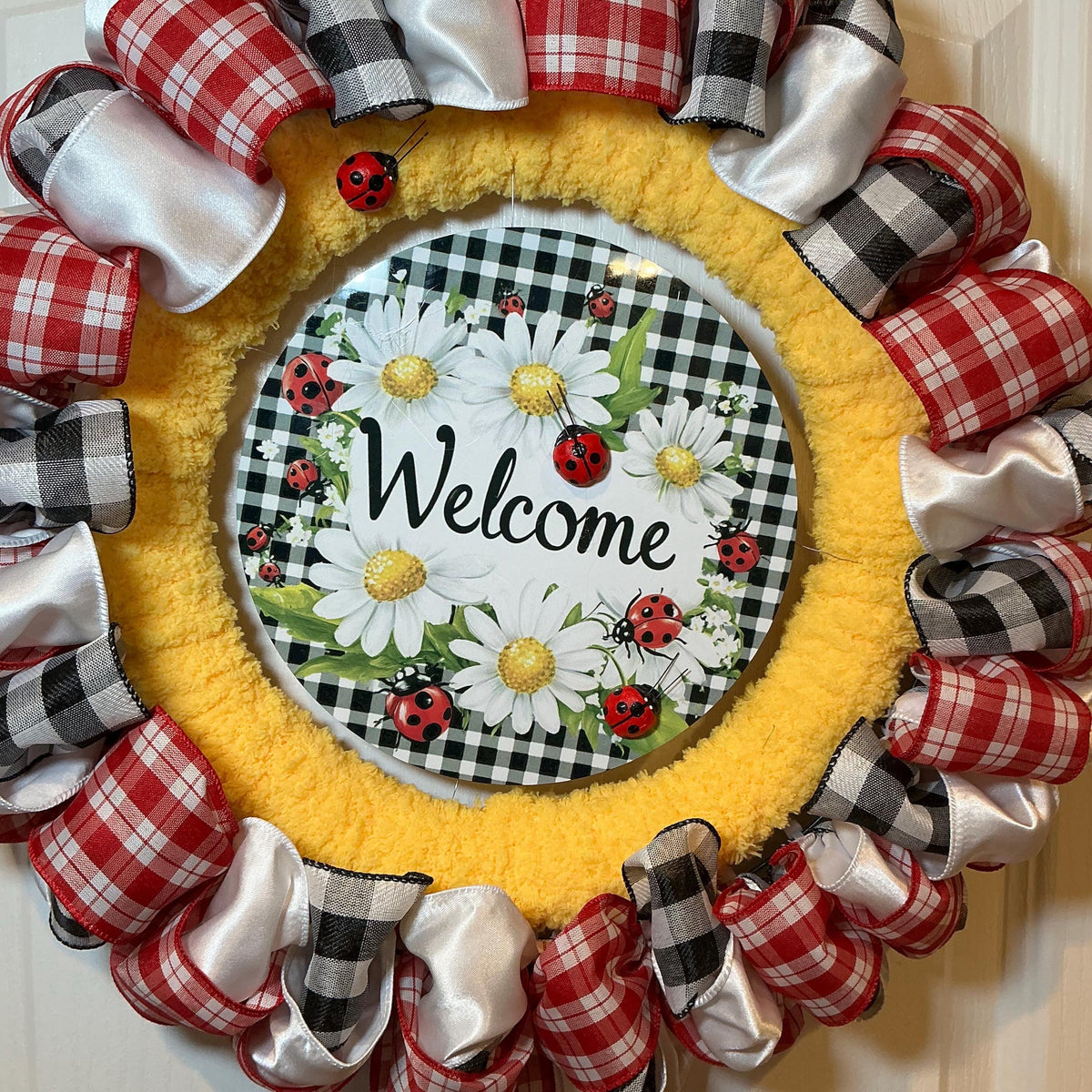 Ladybug Wreath for Front Door, Welcome Wreath, Daisy Ladybug Decor, Farmhouse, Buffalo Check Handmade Gift