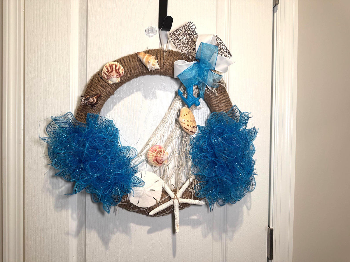 Handcrafted Coastal Wreath with Seashells, Starfish, Anchor – Nautical Beach Decor