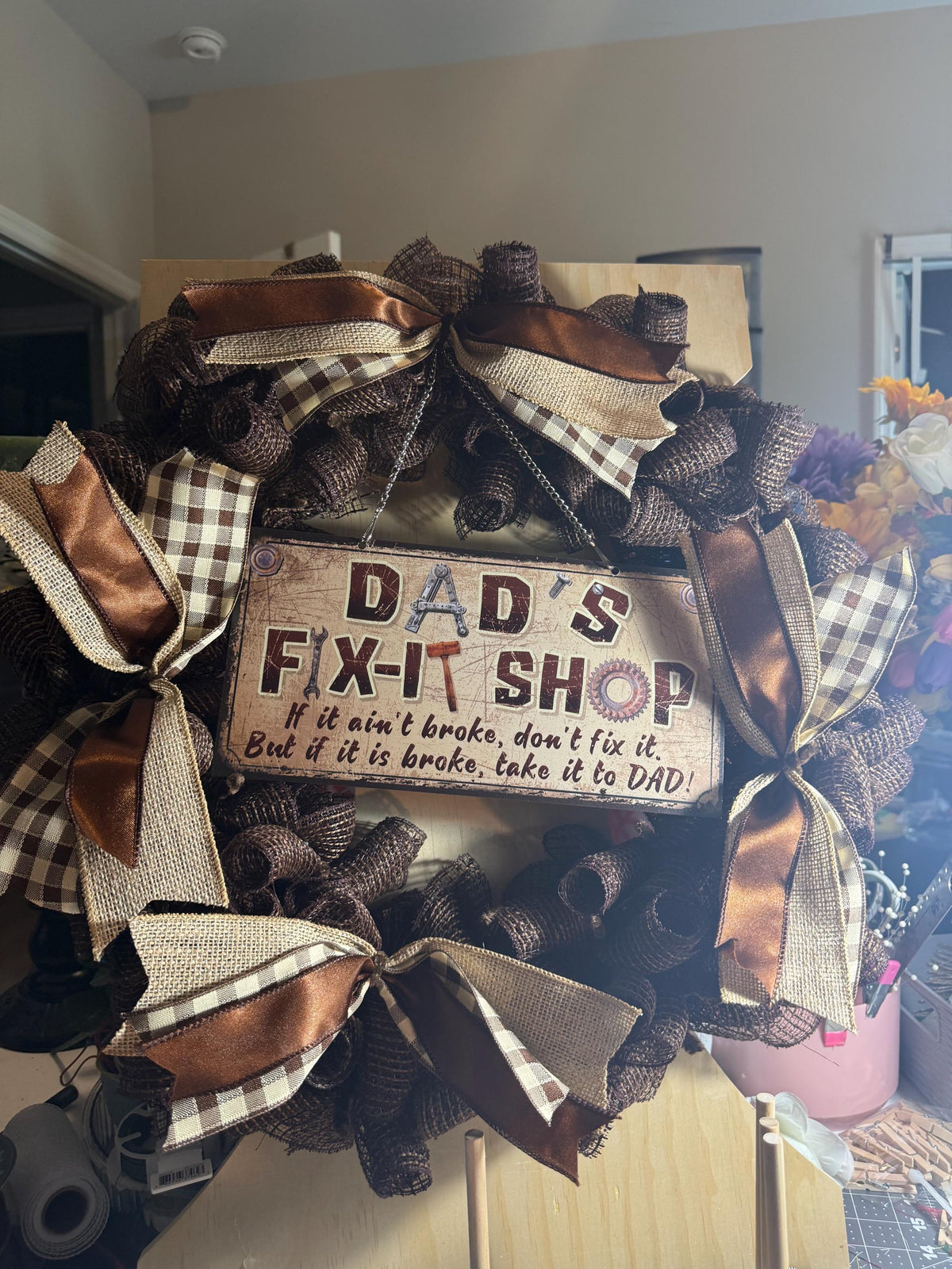 Fix-It Shop Sign Wreath, Dad’s Workshop Father’s Day Man Cave Decor, Handmade Brown Buffalo Check