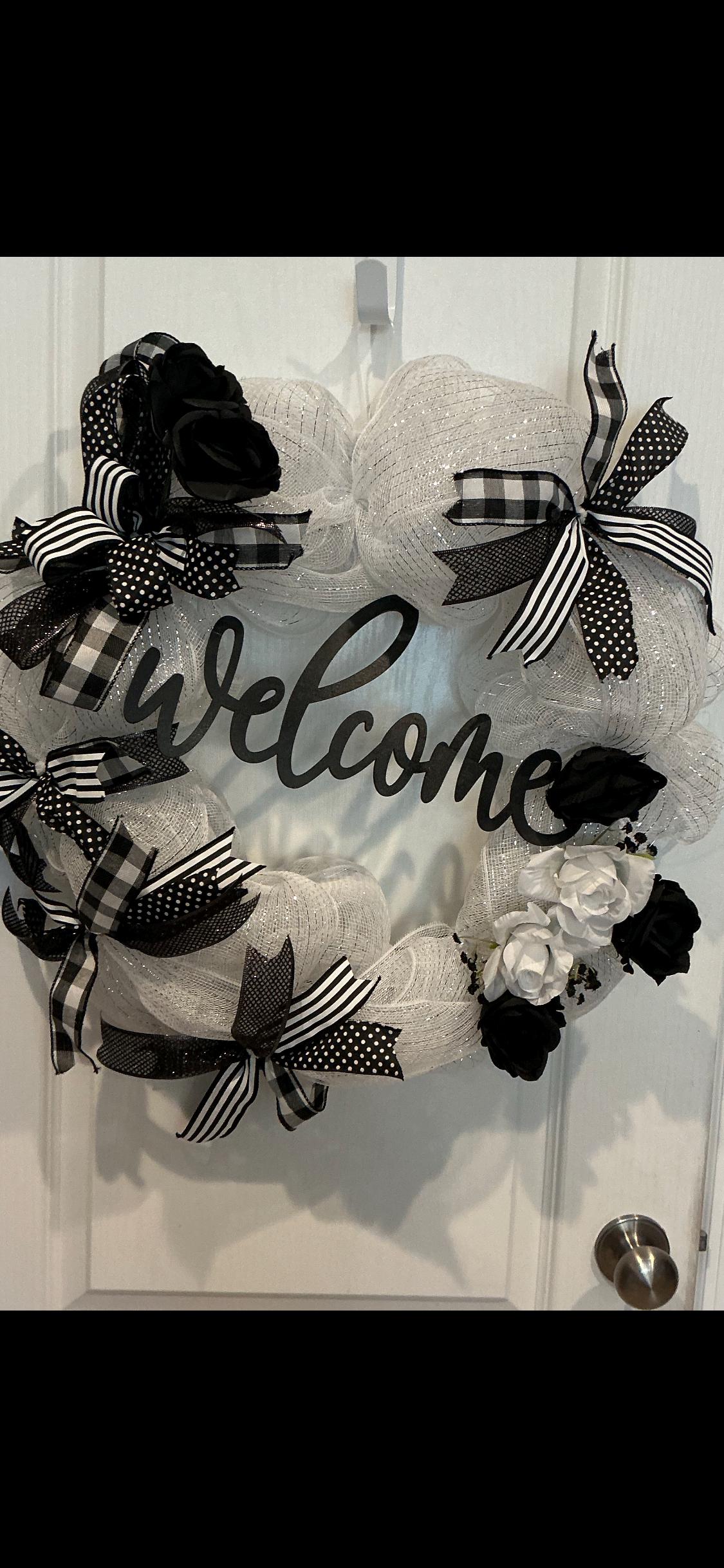 Welcome Black White Wreath, Buffalo Plaid Roses, Farmhouse Door Decor