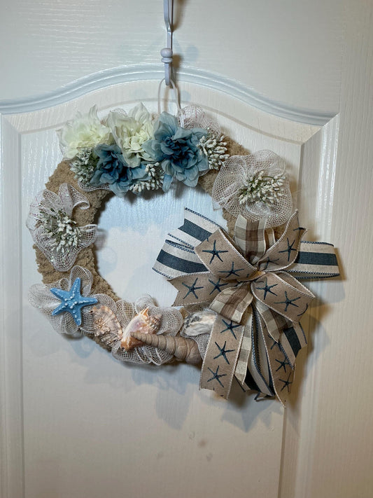 Chunky Yarn Space Saving Coastal Wreath with Starfish and Shells, Dusty Blue Door Decor