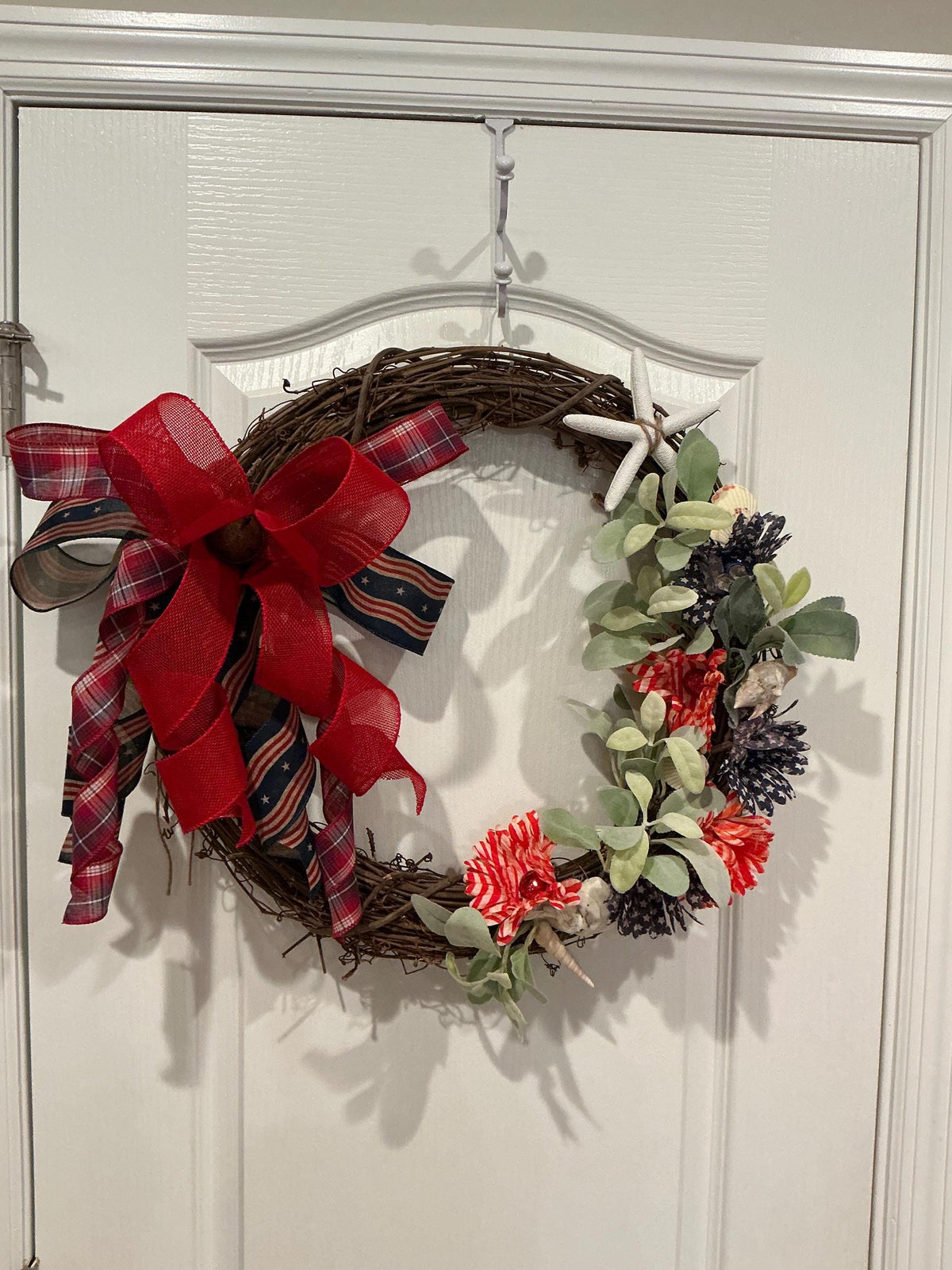 Grapevine Wreath, Patriotic Coastal Beach Decor, Seashells, Red Plaid Bow