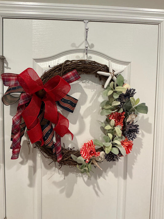 Grapevine Wreath, Patriotic Coastal Beach Decor, Seashells, Red Plaid Bow