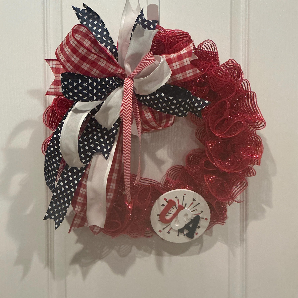 Front Door Wreath, Americana USA Sign, Fourth of July Red White Blue, Red Glitter Mesh, Memorial Day Independence Day Wreath
