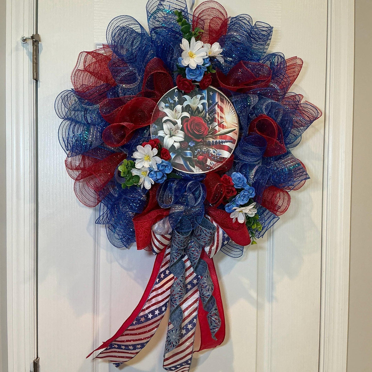 16 Inch Patriotic Floral Flag Wreath with Roses, Hydrangeas and Stars Stripes Bow