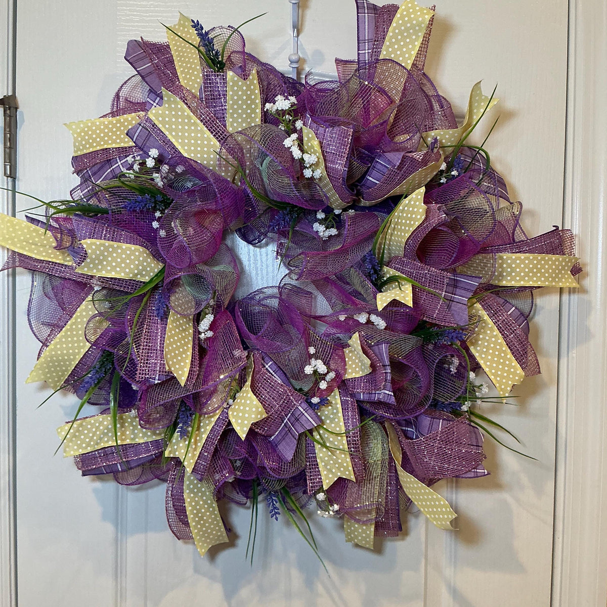 Purple Lavender Wreath, Farmhouse Style, Yellow Polka Dot Ribbon, Baby Breath Accents, 14 Inch