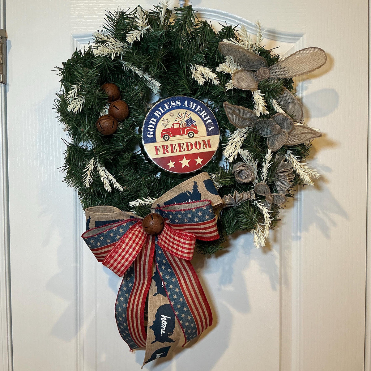 Red Truck Wreath, God Bless America Burlap Bow Rustic Farmhouse, Red White Blue Memorial Fourth of July Wreath
