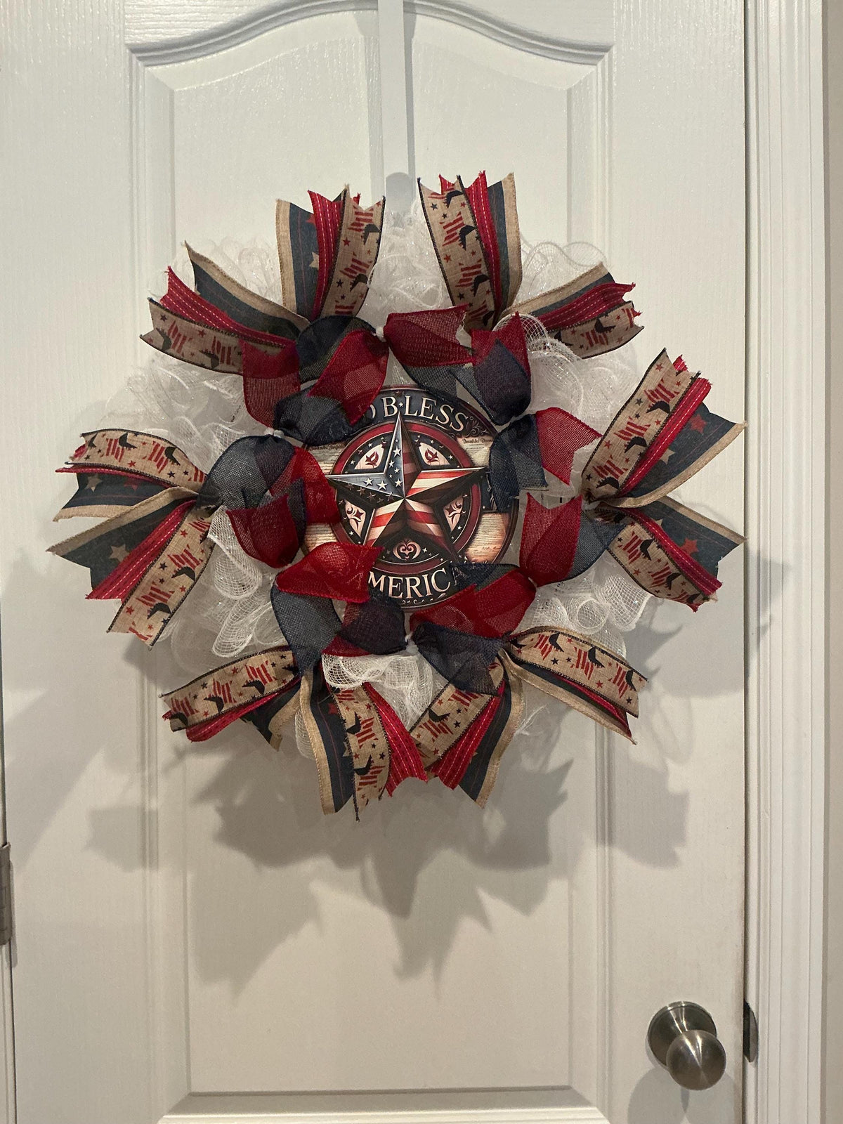 White Deco Mesh Starburst Wreath, God Bless America Wooden Sign, Americana Red White Blue 14 Inch