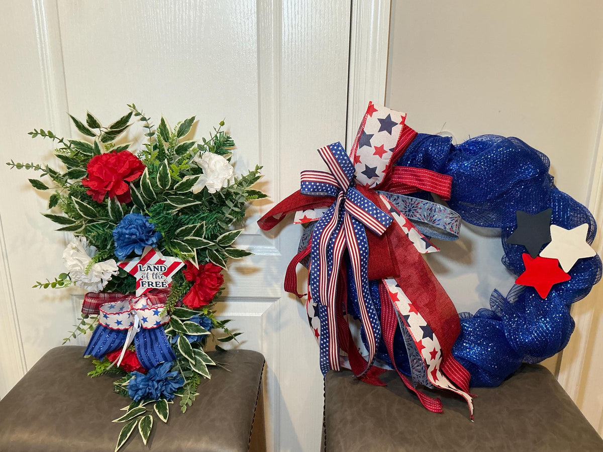 Americana Bundle Set of 2, Land of the Free Americana Swag and Blue Star Wreath, Fourth of July Decor, Red White Blue Handmade Gift