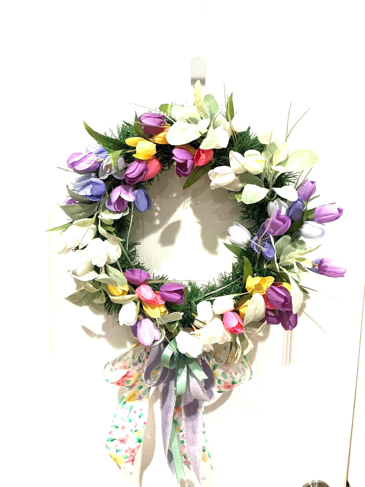 Purple Pink Yellow Tulip Spring Wreath, Farmhouse Floral Front Door Decor