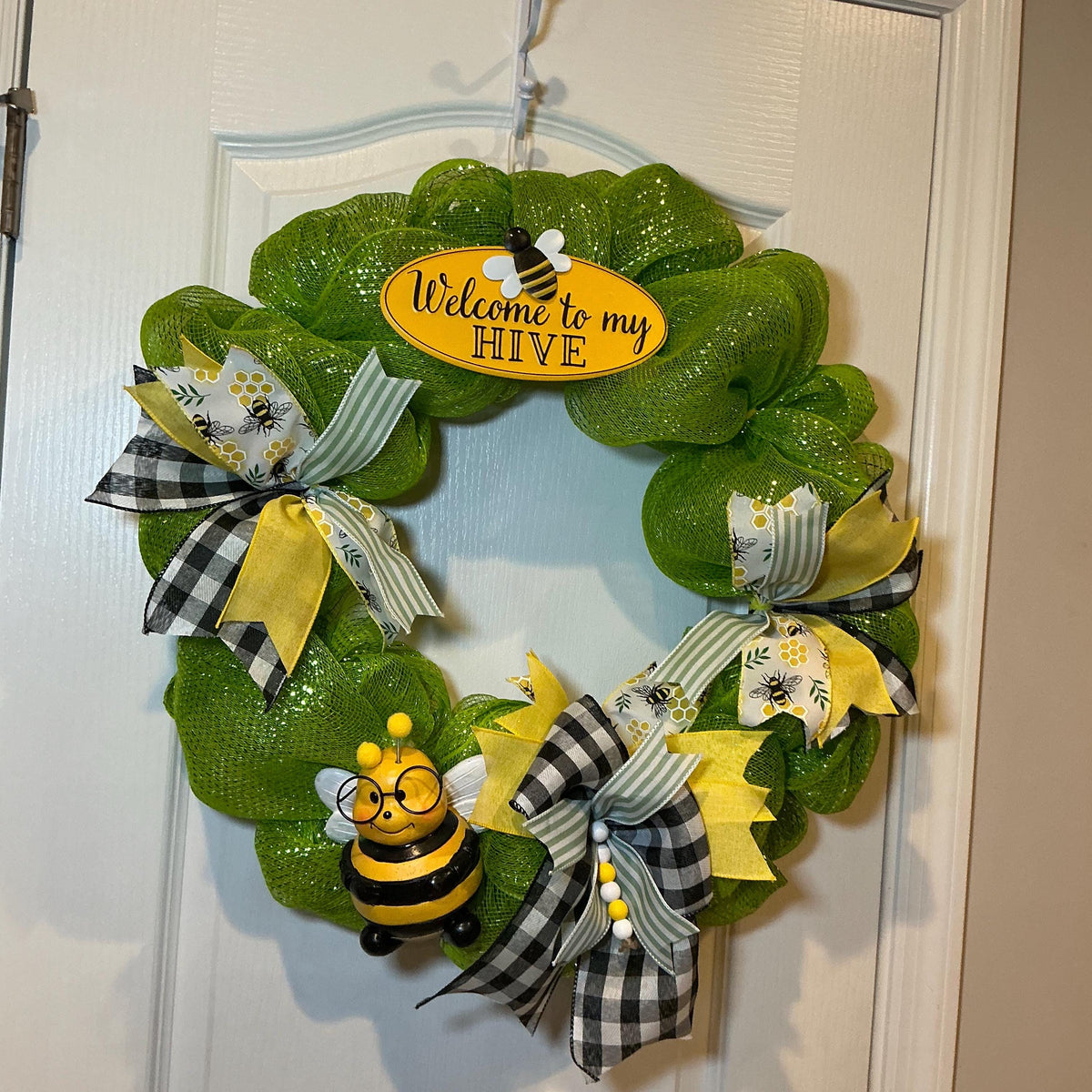 Welcome to My Hive Wreath, Bumble Bee & Buffalo Plaid Spring Summer Door Decor.