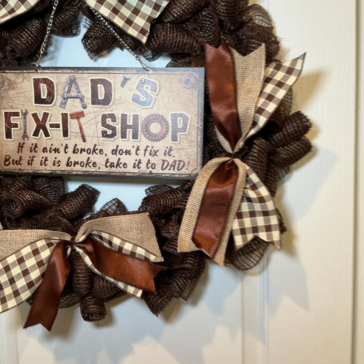 Fix-It Shop Sign Wreath, Dad’s Workshop Father’s Day Man Cave Decor, Handmade Brown Buffalo Check