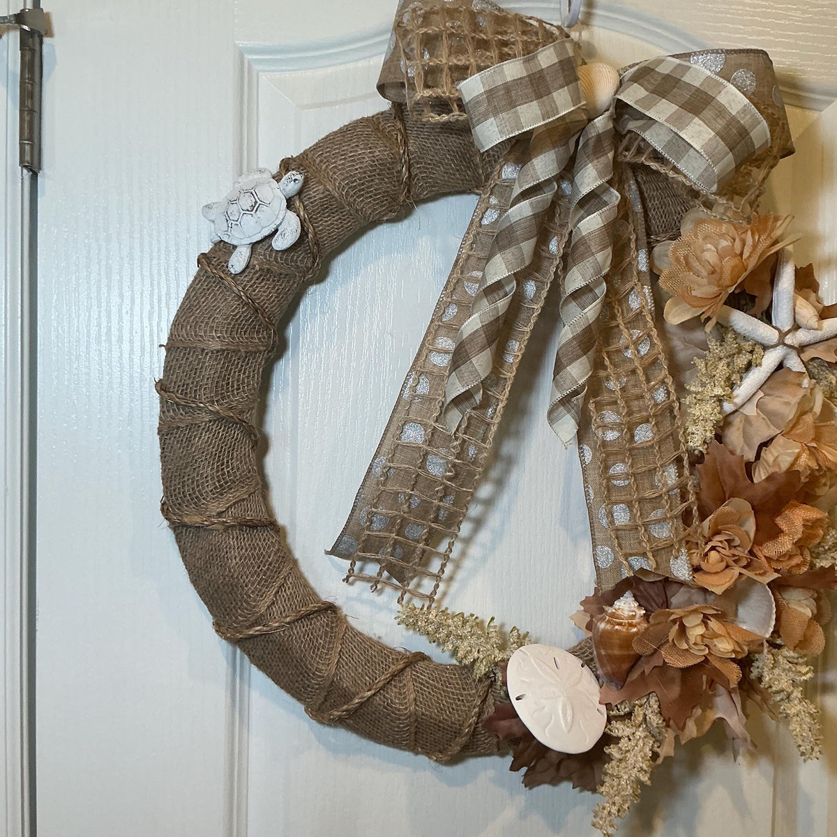 Coastal Fall Burlap Wreath, 18 Inch Sand Dollar Starfish Turtle and Autumn Leaves