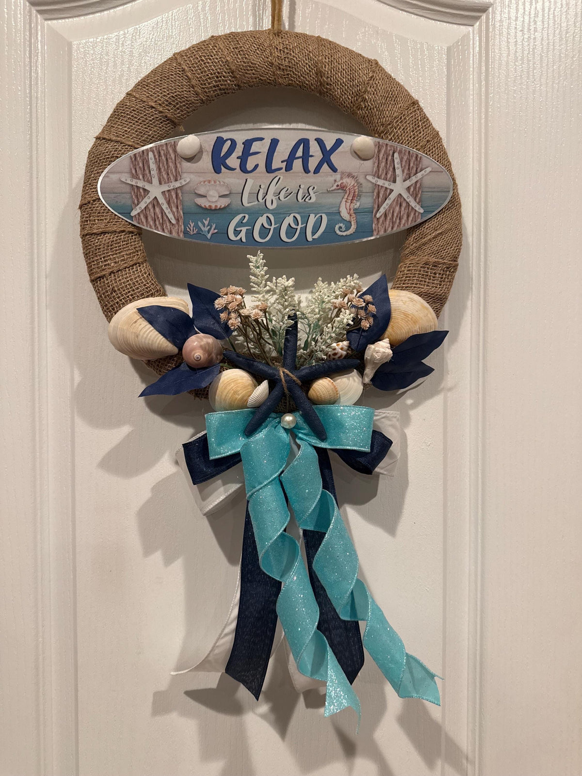 Coastal Starfish Wreath with Relax Life Is Good Sign, Nautical Lake House Door Decor