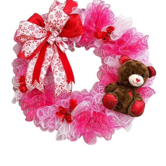 Teddy Bear Valentine Wreath, Pink Ribbon & Faux Floral Door Decor