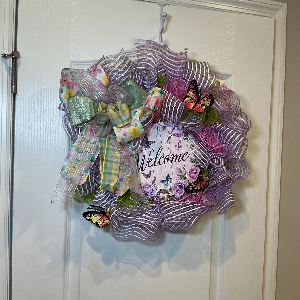Spring Butterfly Wreath, Pink Green Purple Stripes, Mother's Day Decor