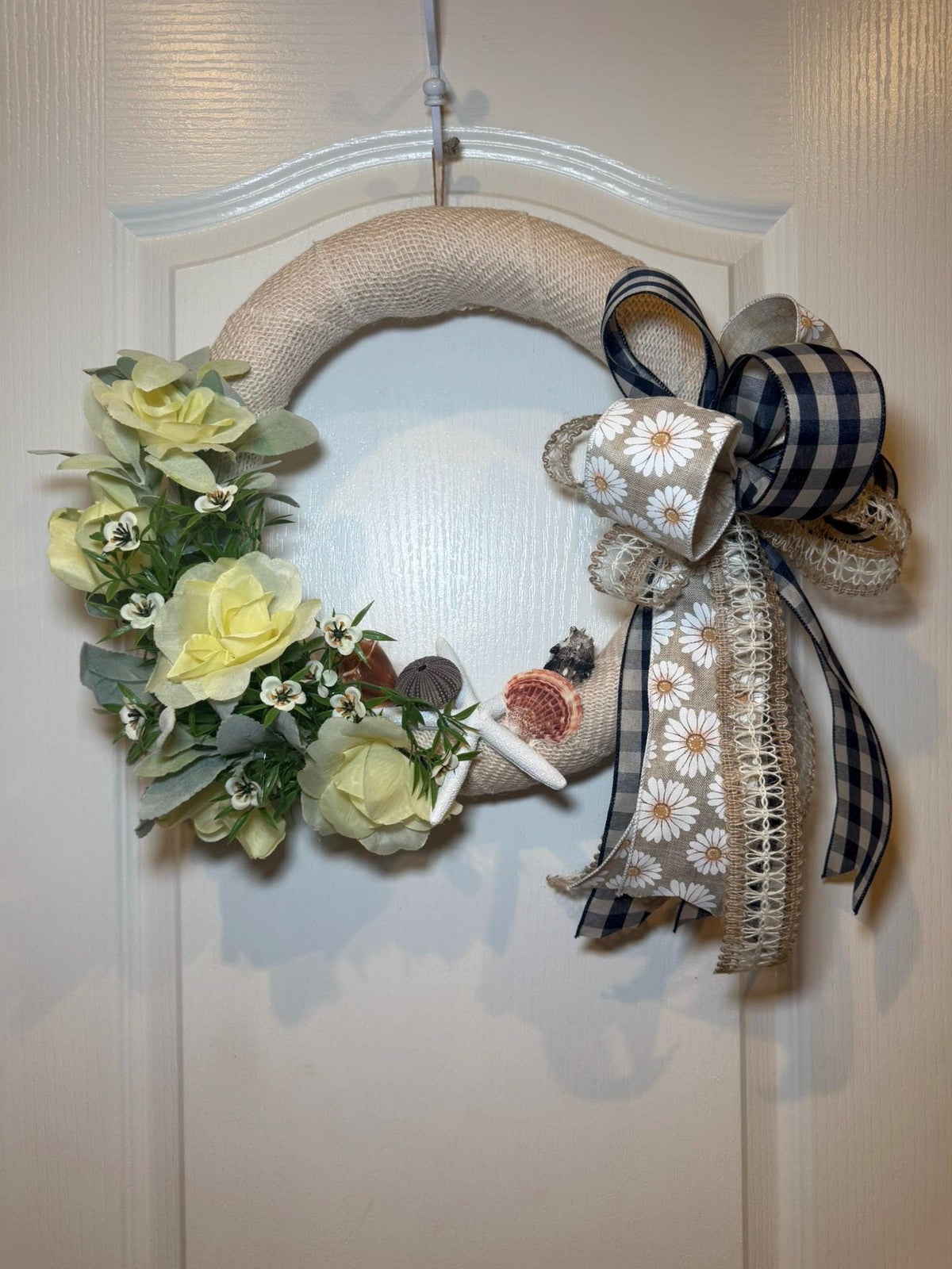 Yellow Rose Burlap Coastal Wreath, Seashell Starfish Beach Decor, Nautical Front Door Wreath, Lake House Housewarming Gift, Handmade Summer