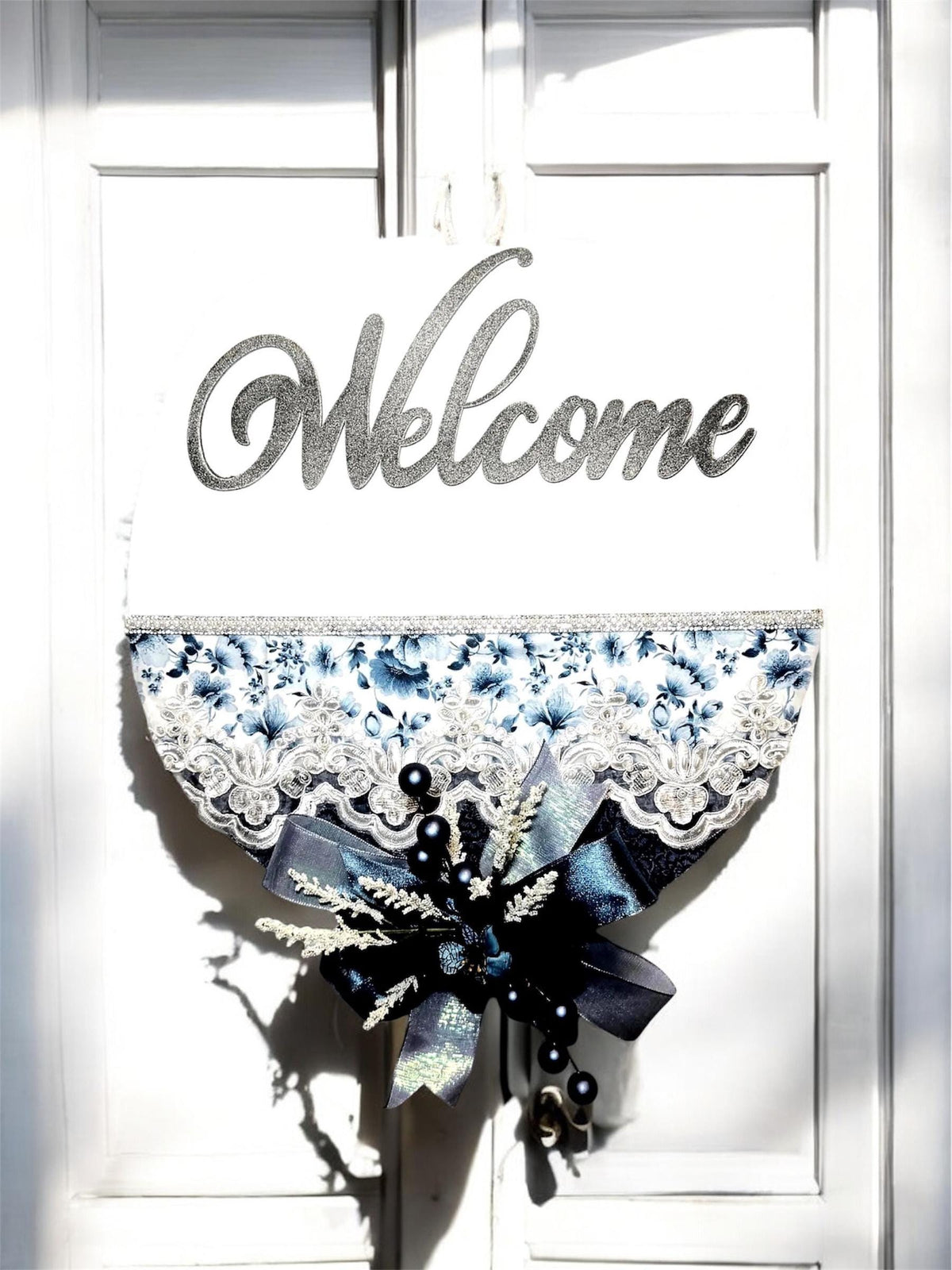 French Country Door Hanger with Blue Welcome Sign and Chinoiserie Florals