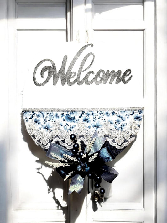 French Country Door Hanger with Blue Welcome Sign and Chinoiserie Florals