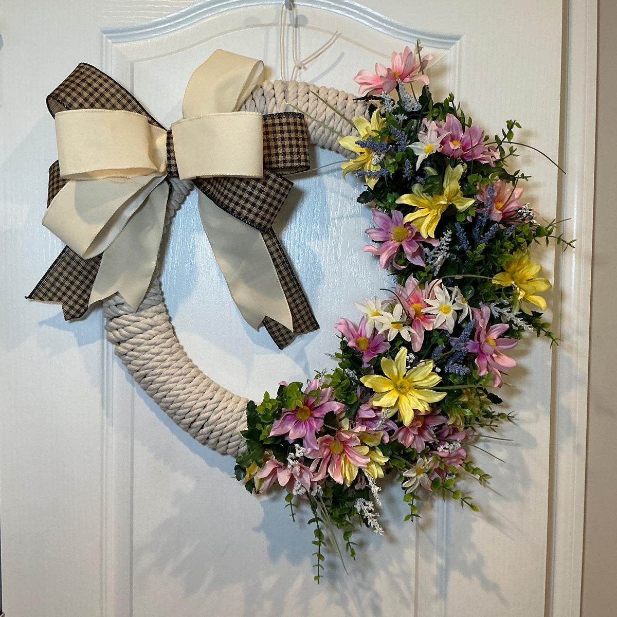 Wildflower Rope Wreath, 18 Inch Daisies Pink Lilies and Buffalo Check Bow
