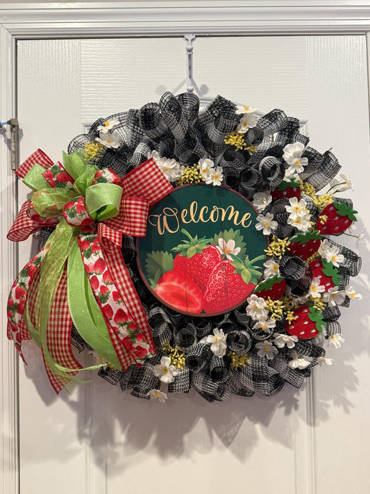 Strawberry Welcome Wreath with Buffalo Check Mesh, Storm Door Friendly Farmhouse Decor