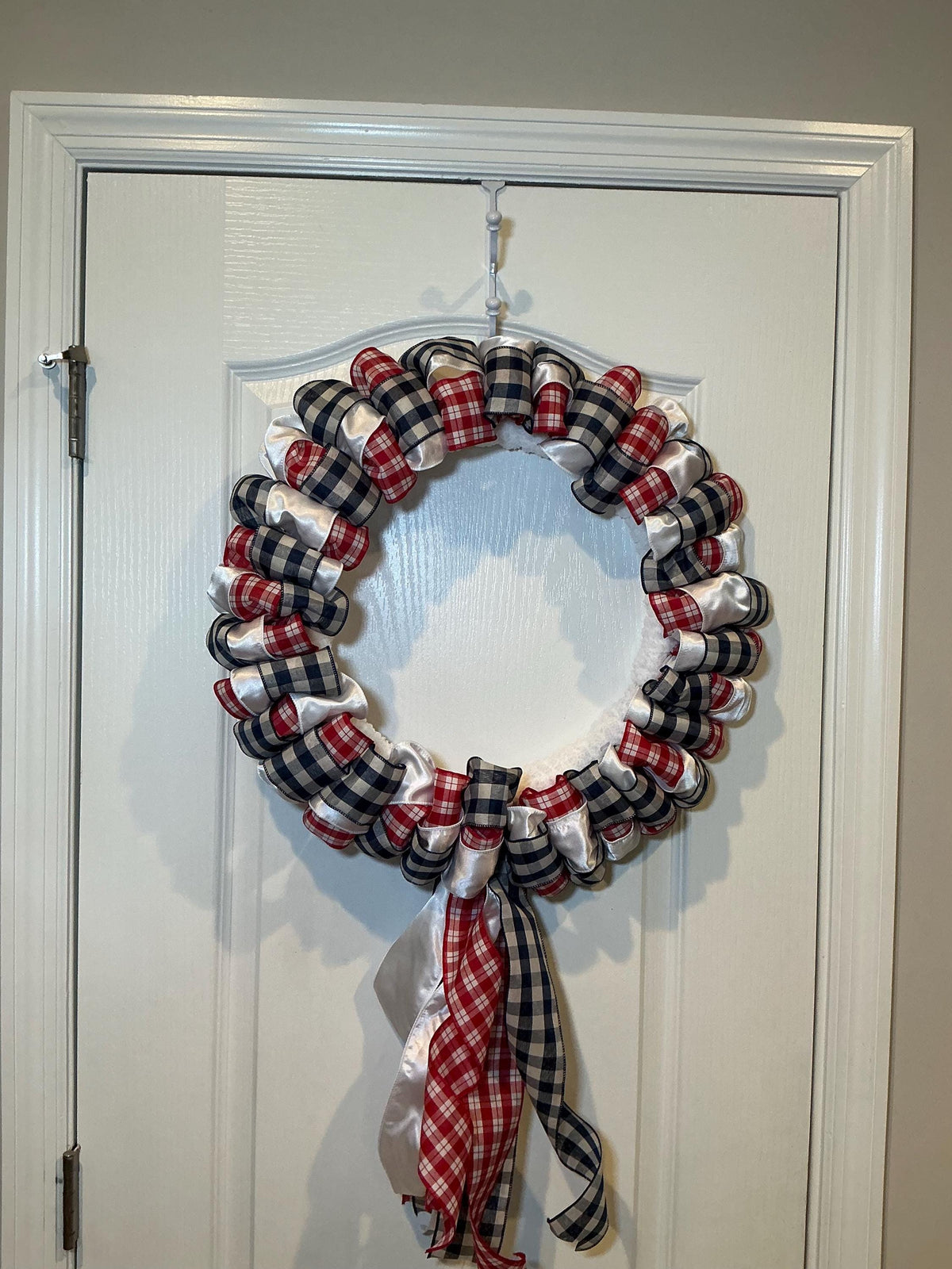 Buffalo Check Wreath, Red White Navy Ribbon Front Door Decor, Fourth of July Americana